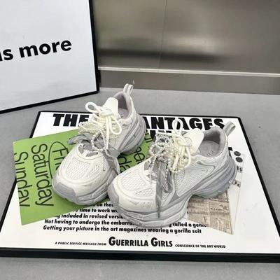 Зарубежный стиль жемчужный бант натуральная мягкая кожа кроссовки папины женщины 2025 легкие увеличение роста двухцветная лента дышащие спортивные и повседневные туфли