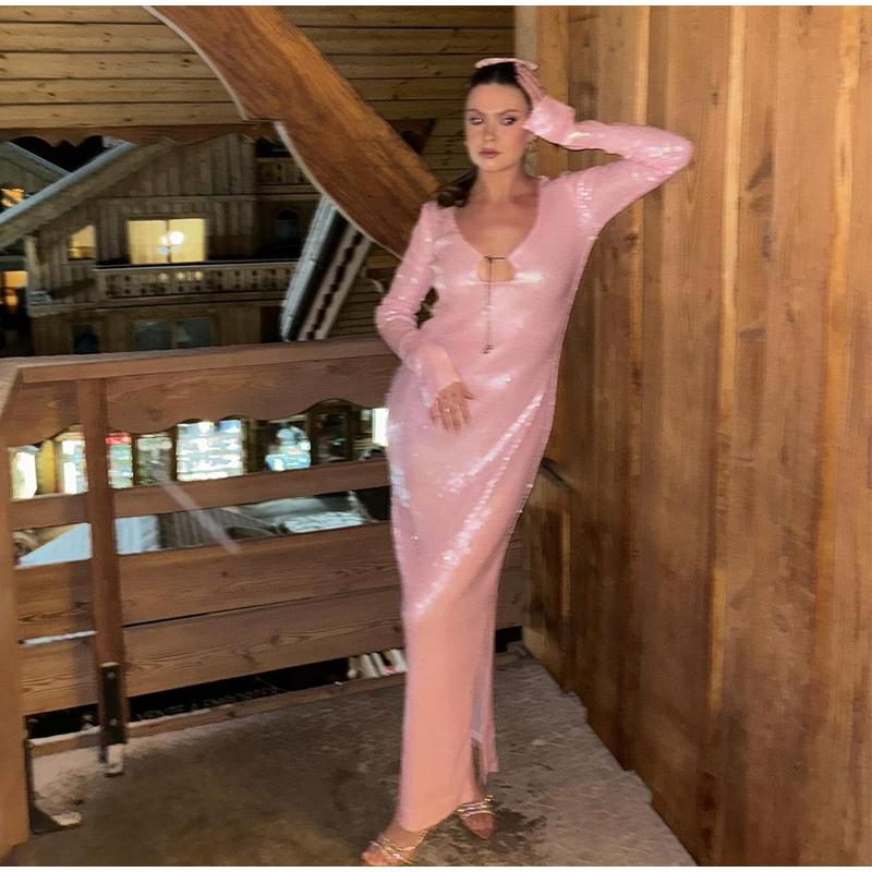 Дамское женское сексуальное длинное сетчатое платье с пайетками и разрезом по талии, элегантное вечернее клубное платье для вечеринки