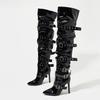 Punk Style Women Buckle Belt Strap Over The Knee Boots Fashion Zipper Thigh High Shoes Pointed Toe Party Strippers Heels