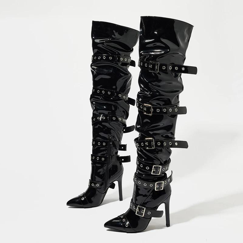 Fashion Cool Punk Style Buckle Belt Strap Over The Knee Boots Women Fashion Zipper Thigh High Shoes Pointed Toe Party Strippers Heels