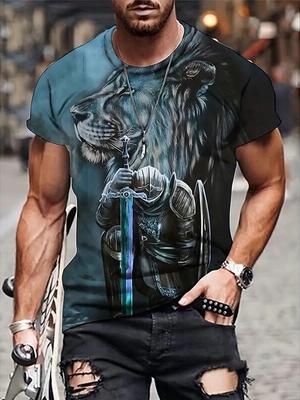 Мужская футболка с 3D принтом «Лев и рыцарь», летняя повседневная повседневная модная удобная футболка с короткими рукавами, креативная футболка с животным
