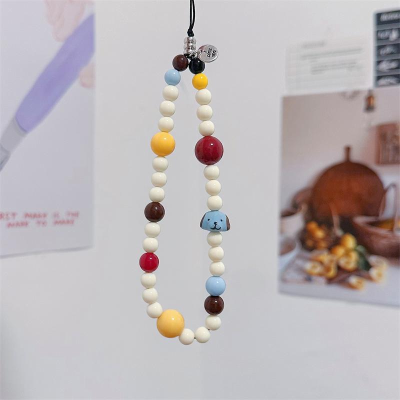 Korean Cute Blue Puppy Color Bead Beaded Phone Chain Charm Lanyard For iPhone Samsung Universal Accessories Girl Jewelry Pendant