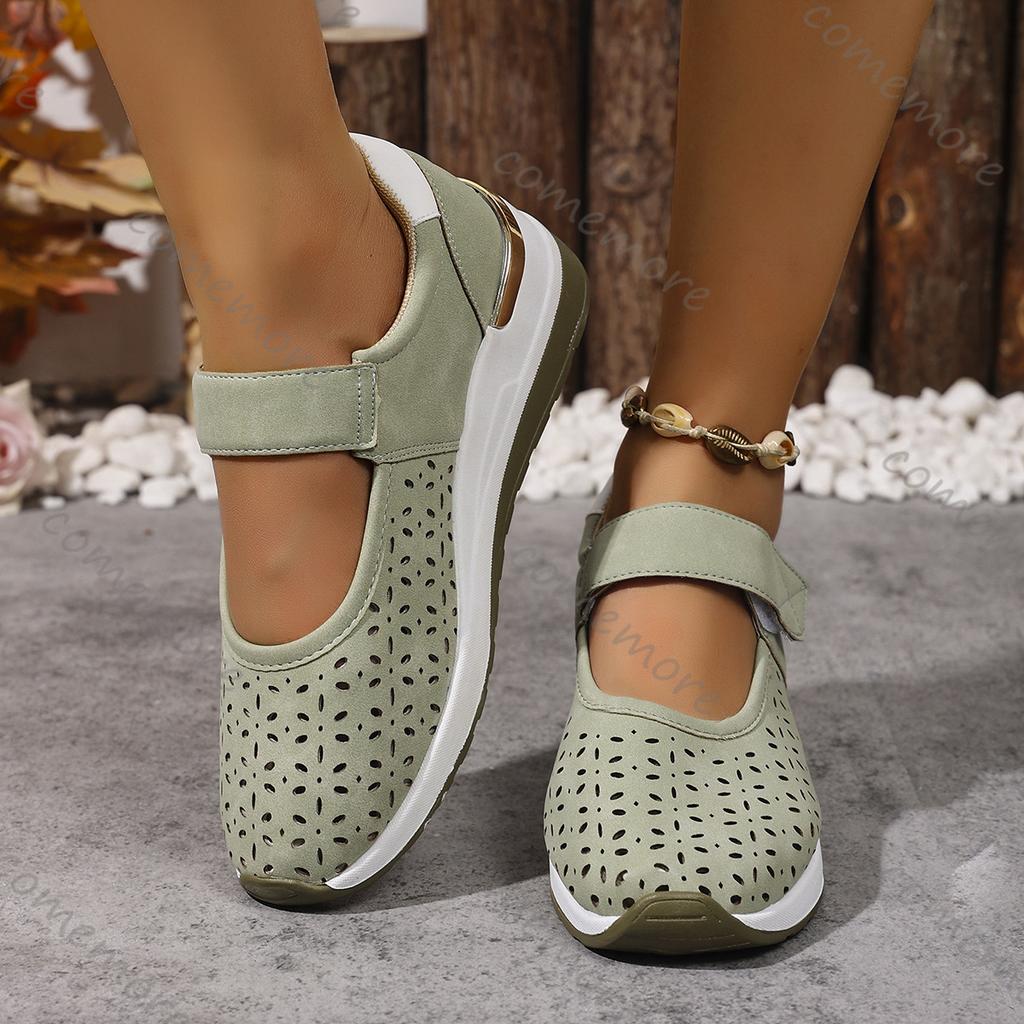 Comemore Summer New Lightweight Hollowing Sneakers for Women Casual Breathable Wedges Middle Heel Sports Single Vulcanize Shoes