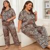 Женские спальные костюмы из искусственного шелка, большие размеры, топы на пуговицах с короткими рукавами и длинные брюки, пижамы с леопардовым принтом, лето-осень, домашняя одежда для ночного отдыха