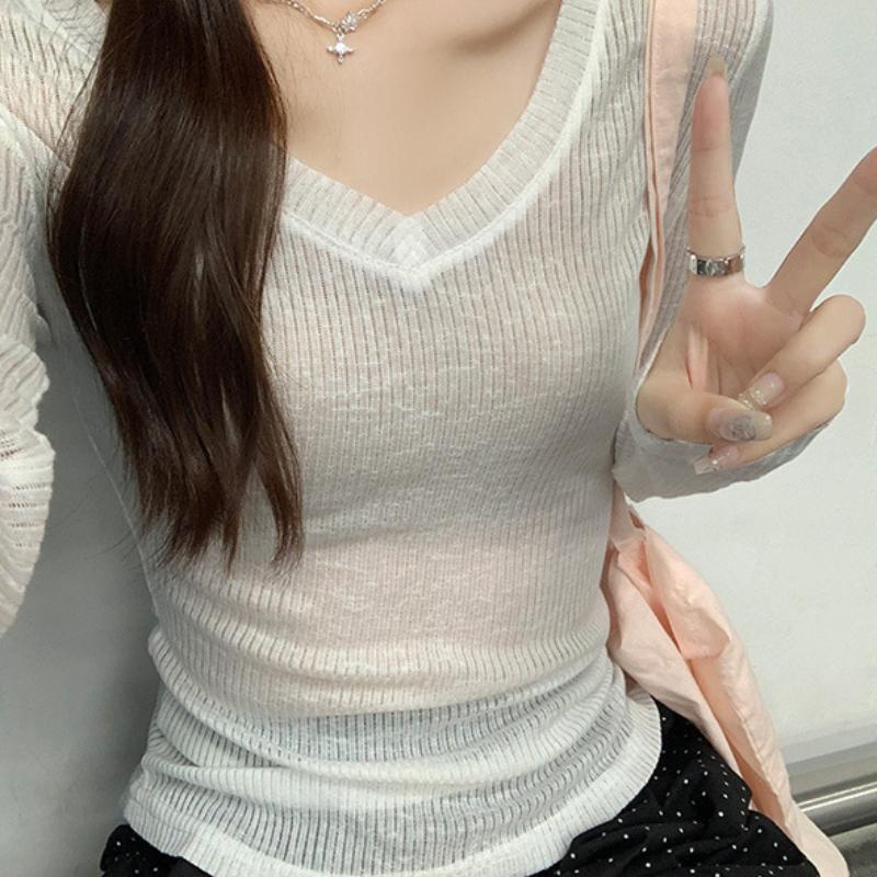 Модная трикотажная солнцезащитная футболка с V-образным вырезом и длинными рукавами для женщин в начале осени, американский стиль, облегающий микропрозрачный топ Cover Up Pure Desire