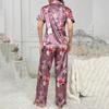 Luxurious Satin Pajamas for Women Flower Print Sleepwear   Autumn Short Sleeve Lapel Collar Top Pants Pyjama Home Clothes
