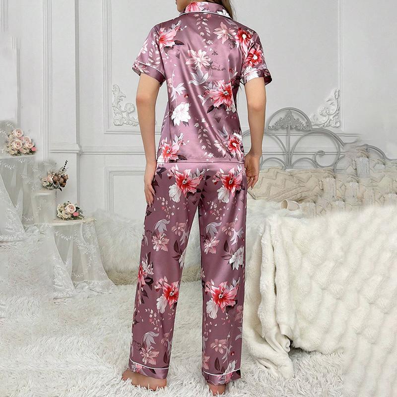 Luxurious Satin Pajamas for Women Flower Print Sleepwear   Autumn Short Sleeve Lapel Collar Top Pants Pyjama Home Clothes
