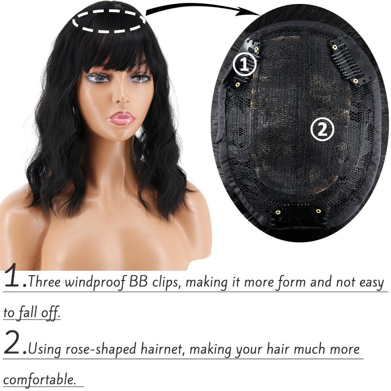 MISS WIG Women Natural Hair Fashion Short Wavy Hair Extensions with Bangs Synthetic Fiber Wig Daily Use Clip On Head To Cover Hair Loss