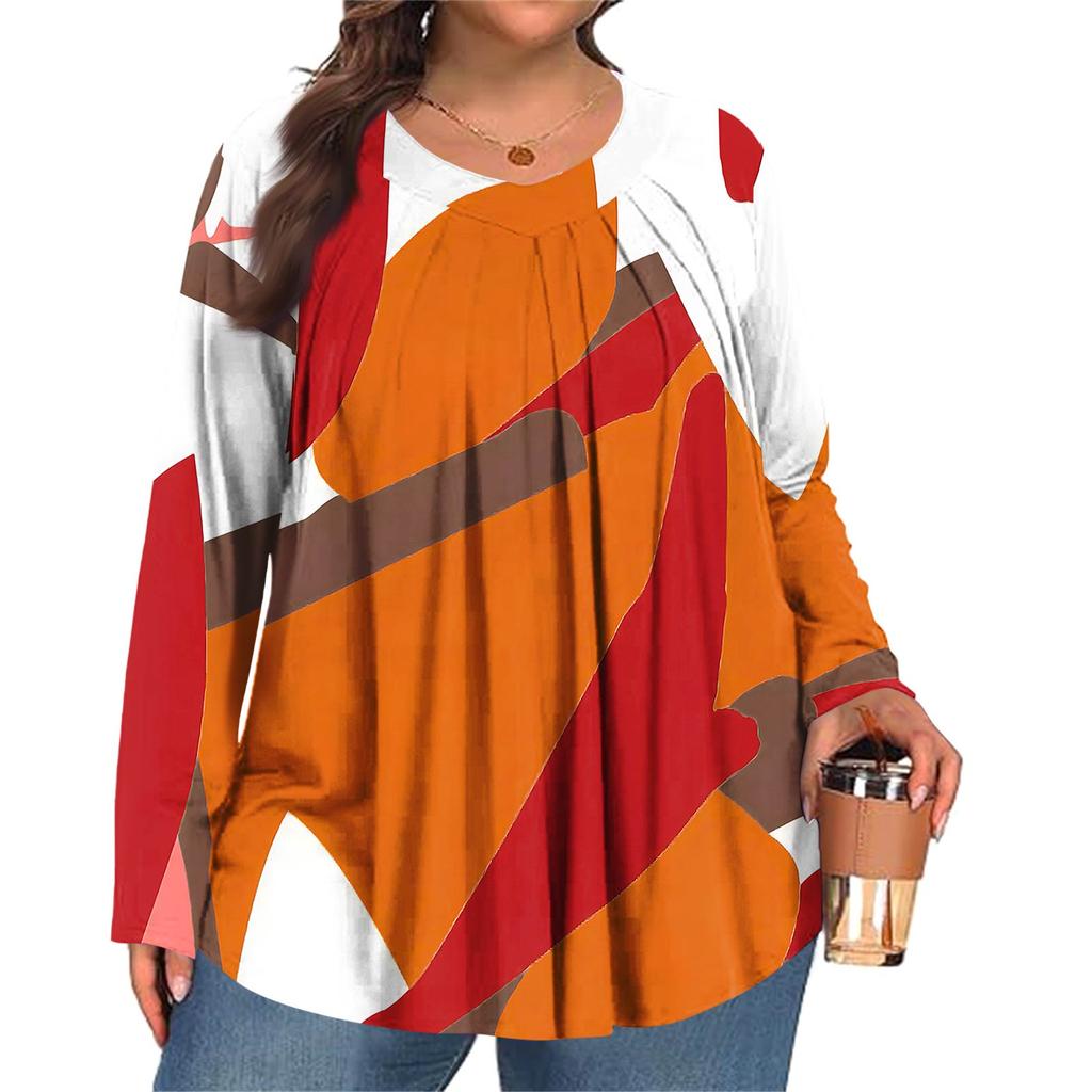 Women's Plus Size Fashion Printed Casual Pleated Round Neck Long Sleeve Top