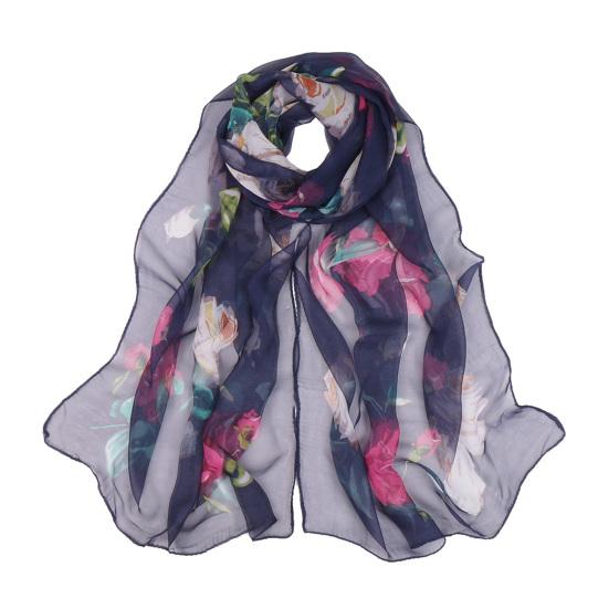 Women Faux Silk Scarf Flower Print Long Soft Scarf Sun Protection Beach Travel Outdoor Lightweight Shawl