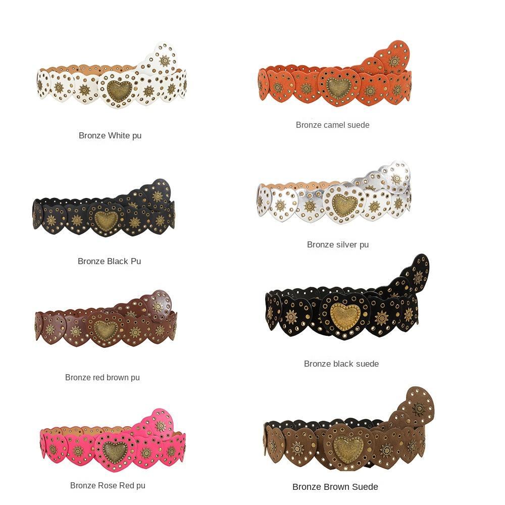 Широкий боковой пэчворк в виде сердец, талия в корейском стиле, ПУ кожаные ремни, Джинсовый декор