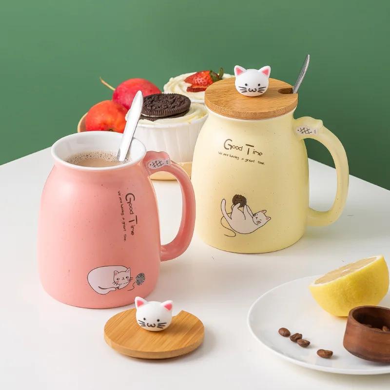 Cute Creative Cat Ceramic Coffee Mug with Lid and Spoon Kawaii Cartoon Kitten 450ml Gift Children Couple's Water Cup Drinkware