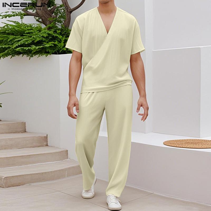 INCERUN Мужские комплекты из двух предметов: рубашка с коротким рукавом и текстурой, с V-образным вырезом, и длинные прямые брюки