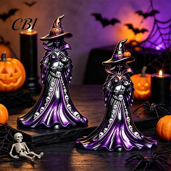 Gothic Home Decor Halloween Witch Figurine, Resin Black Cat Statue with Pumpkin, Retro Party Supplies Sculpture, Tabletop Ornament for Display