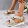 Women's Med High Heel Sandal for Women Open Toe Suit Female Beige Large Size Clogs Wedge Muffins Shoe Buckle Strap