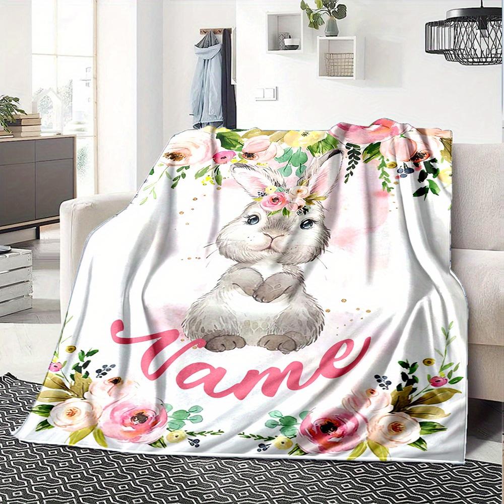 Bunny With Flowers Home Customize Your Name Blankets Comfortable Soft Lightweight Allseason Multipurpose Blanket For Picnics Sofas Offices Beds Living