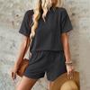 Женская мода, сплошной цвет, волнистый узор, круглый вырез, короткий рукав, шорты с эластичной резинкой на талии, костюм из двух предметов