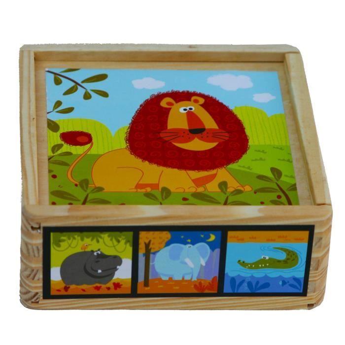 Blocs en bois pour Puzzles - 9 cubes en bois représentant la faune sauvage - Livré dans une boîte en bois