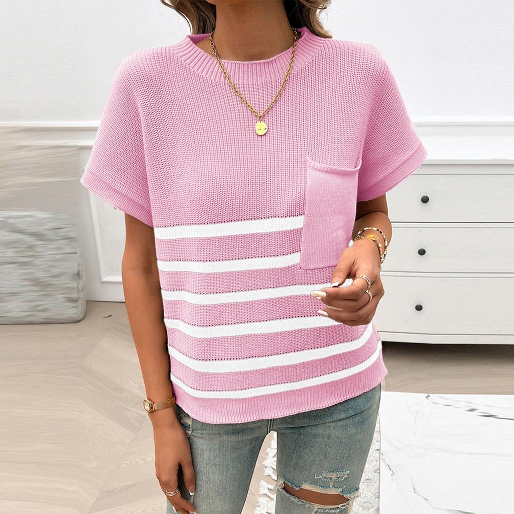 Женская мода повседневный свободный темперамент круглый вырез в полоску контрастного цвета с коротким рукавом свитер