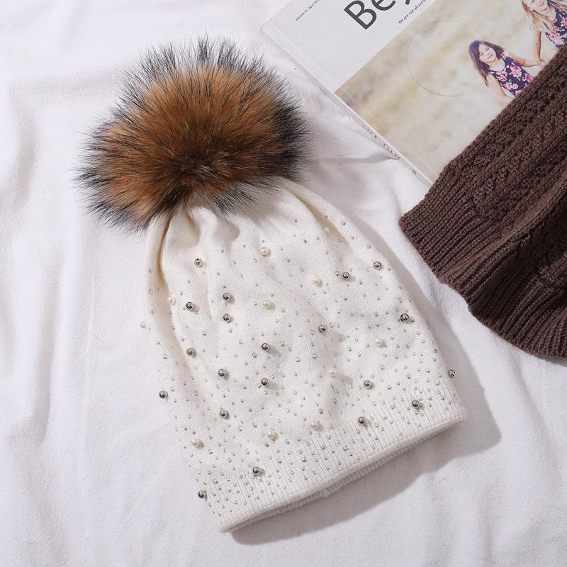 Женский зимний теплый вязаный пуловер с жемчужным шариком енота, однотонная шляпа