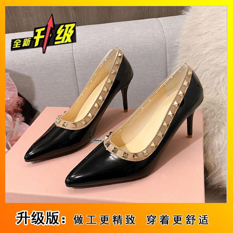 Rivet Beautiful High Heels Women's 2025 New French Design Patent Leather Niche Stiletto Shoes Pointed Temperament Single Shoes