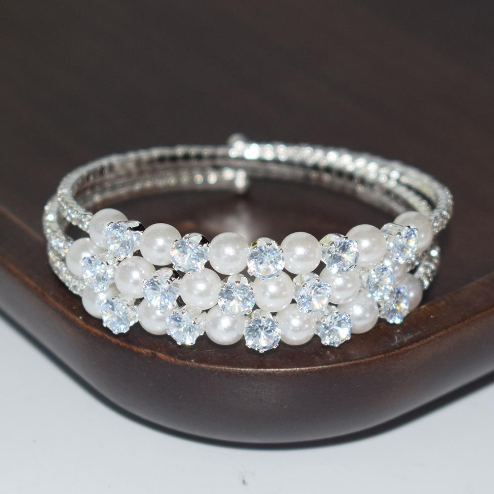 Factory Bridal 3-Layer Pearl Rhinestone Zircon Winding Open-Ended Bracelet Gold and Silver Color for Women