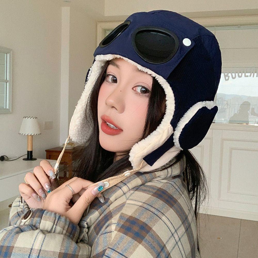 Beanie Winter Pilot Hat With Goggles Anti Fog Plush Hat Fashion Warm Ski Hat Women/Men
