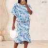 Women Plus Size Round Neck Batwing Sleeve Blue Brown Printed Ruffle Hem Top Fishtail Skirt Two Piece Set