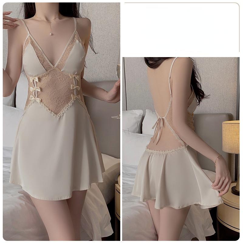 Sexy Backless Seductive Deep V Comfortable Pajama Bow Strap Pajama Dress Home Suit