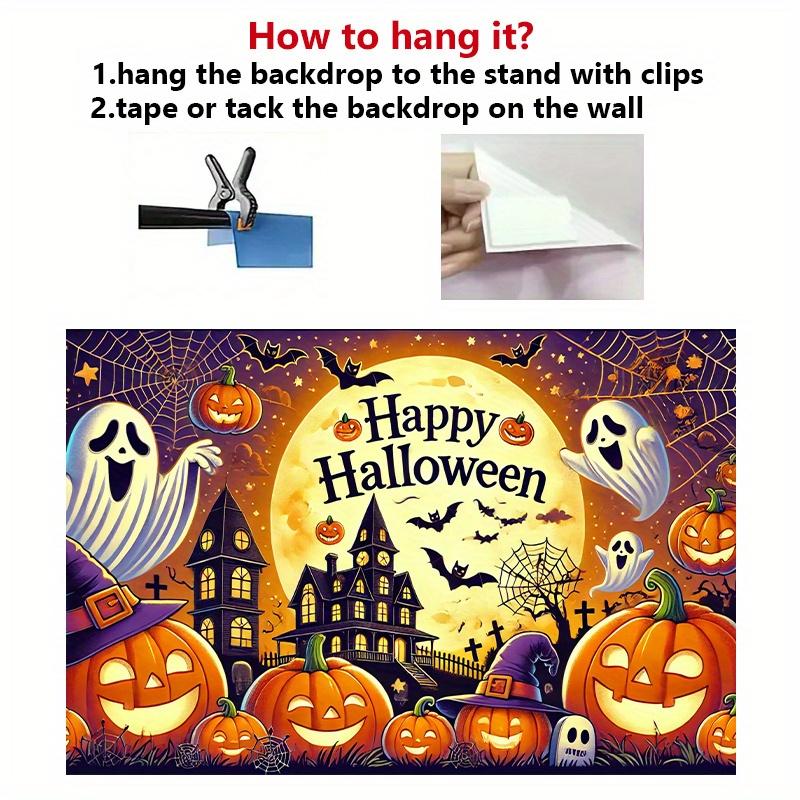 Happy Halloween banner - featuring ghosts pumpkins bats and haunted houses in terrifying polyester fabric