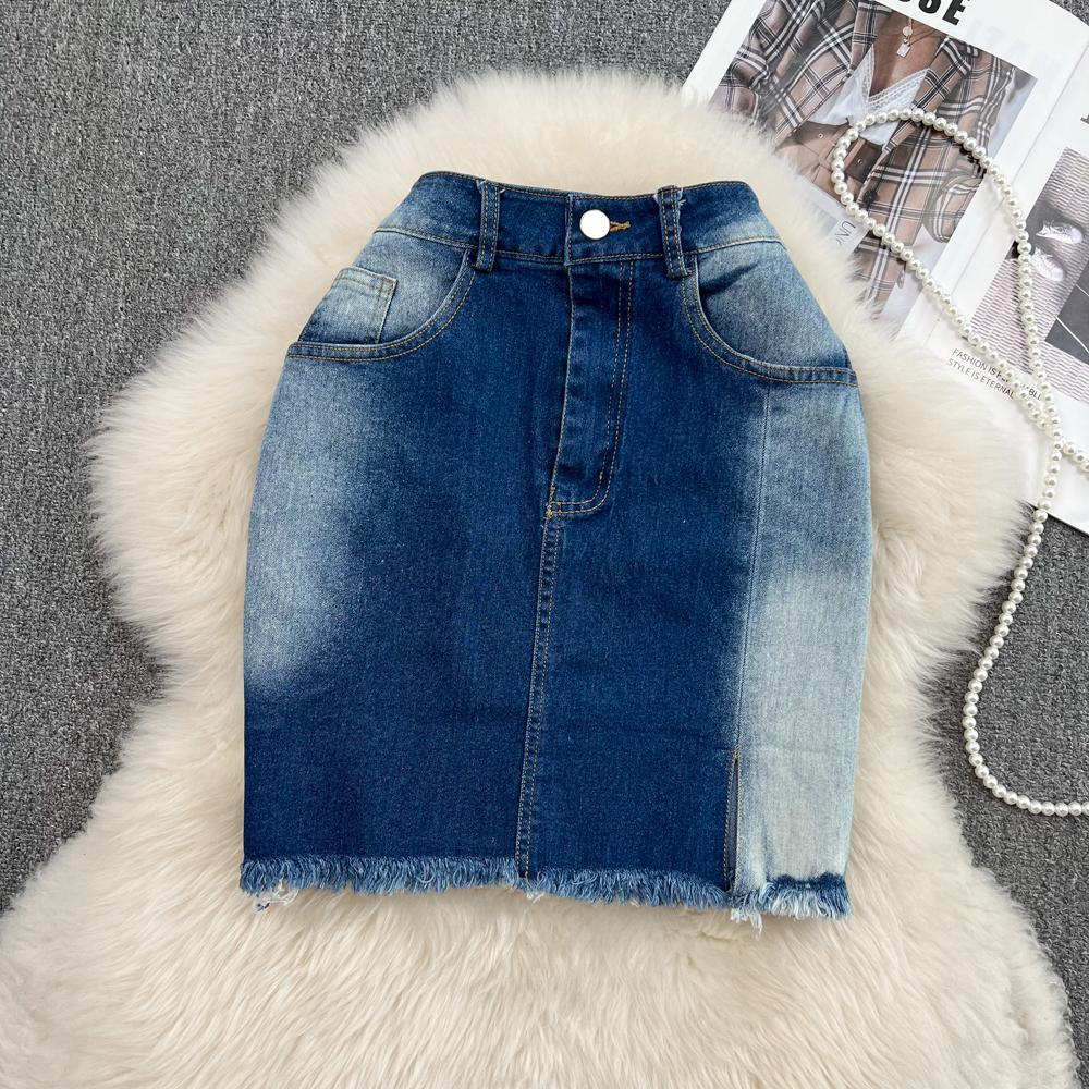 Женская джинсовая юбка с градиентным цветом, осенняя, в стиле ретро, с высокой талией, приталенная, А-силуэта, короткая юбка