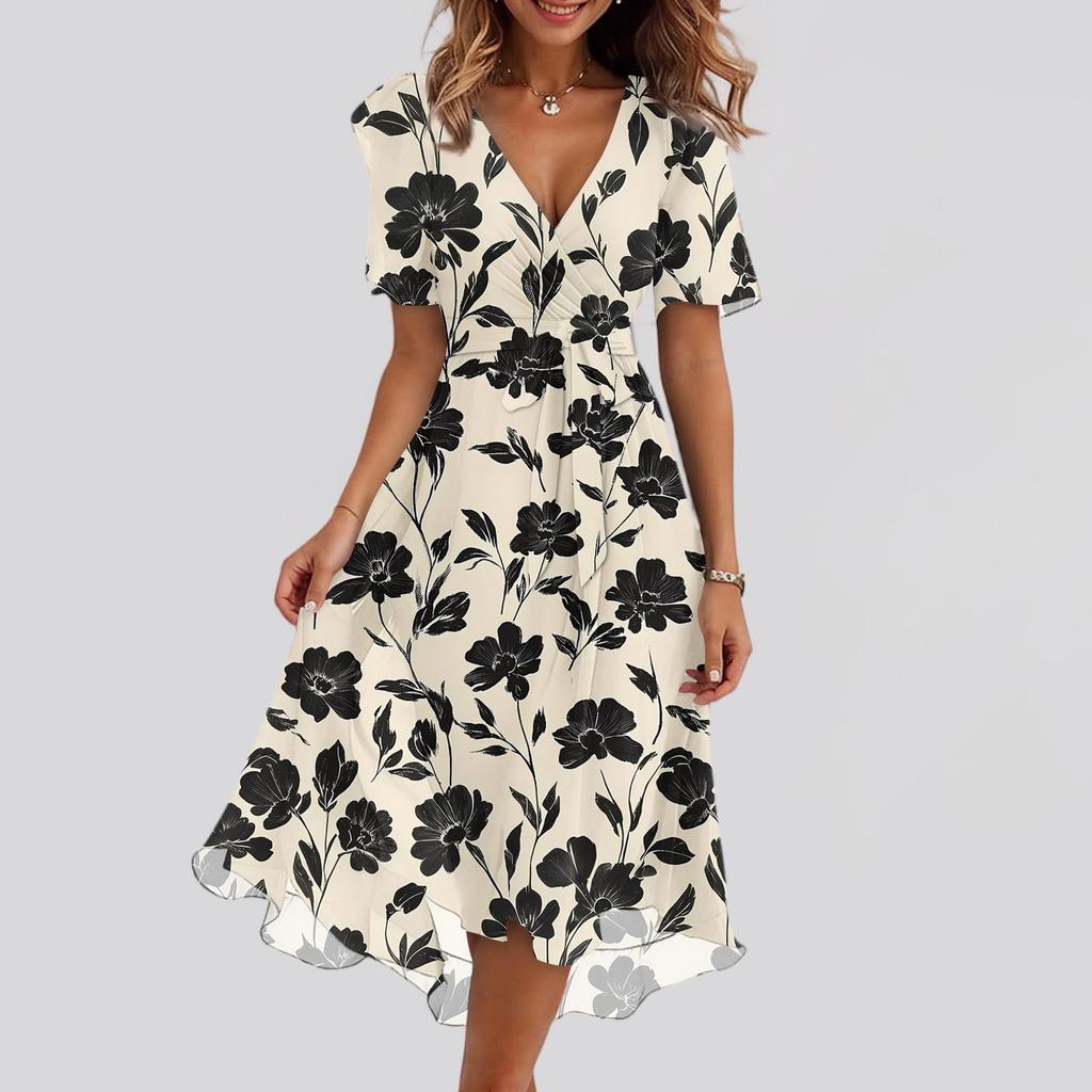 Women's Fashion Casual V Neck Short Sleeve Ruffled Vintage Printed Dresses