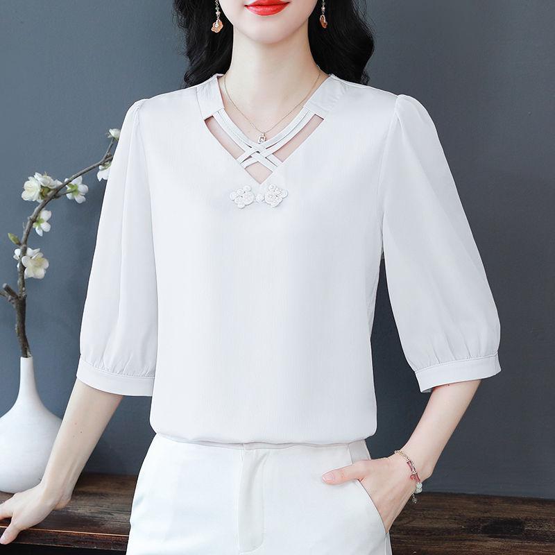 Women's Summer Shirts Fashionable and Western Design with Seven Sleeve Chiffon Style Small Top