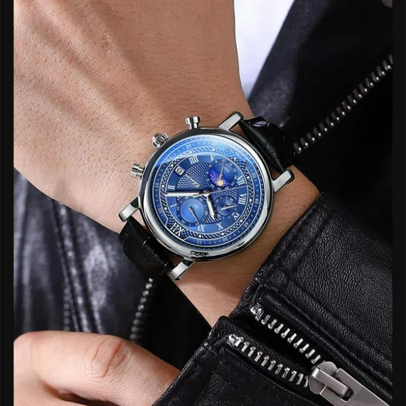 Chenxi Men's Watch Leather Chronograph Date Quartz Watches Phase Moon Timing Business Luminous Wrist Watch