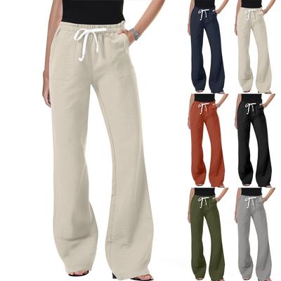 Женские брюки кэжуал из хлопка и льна с косыми карманами и эластичной талией