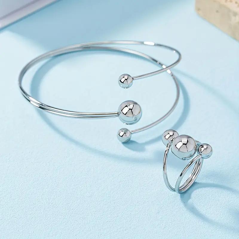 Золото и Серебро Маленький Шарик Клип Большой Шарик Уровень Браслет Кольцо Набор Женский Простой Модный Персонализированный Наручный Пальцевой Ювелирный Набор