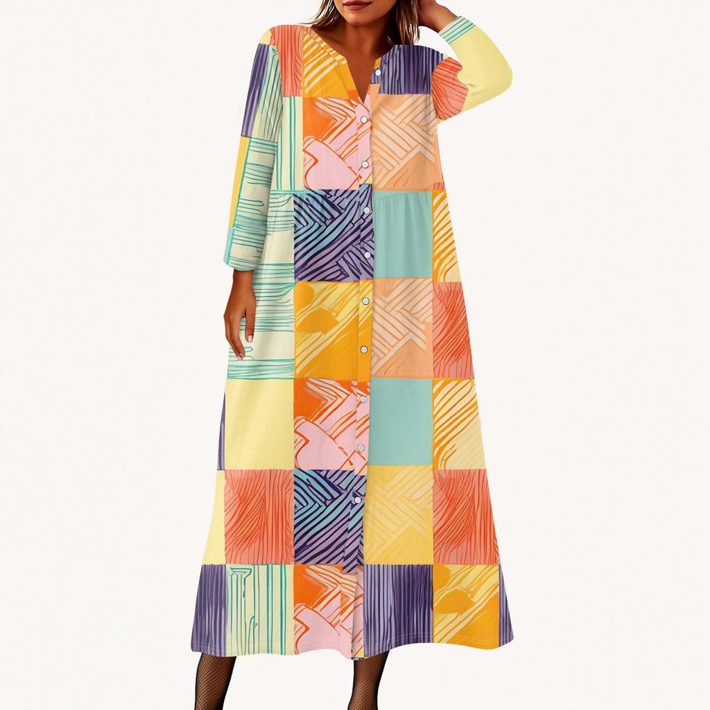 Женское модное платье-рубашка свободного кроя с принтом, круглым вырезом и рукавами семь четвертей на пуговицах