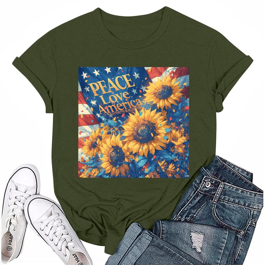 Women's Round Neck Casual Independence Day Printed Short Sleeve T-Shirt Top