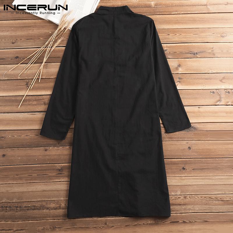 INCERUN Весенняя мужская повседневная рубашка с воротником-стойкой и длинным рукавом, однотонные длинные топы, уличная одежда, мусульманский кафтан в стиле ретро
