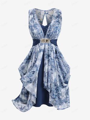 Rosegal Plus Size Цветочный Принт Бантик Пряжка Складки Асимметричное Платье 2 В 1