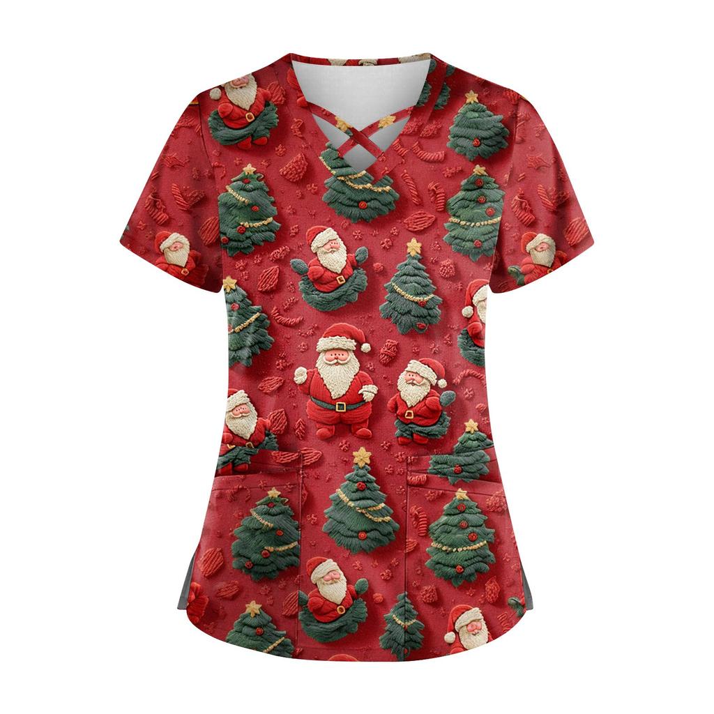 Women's Short Sleeve Stagger V Neck Christmas Print Pocket Dry-nurse Top