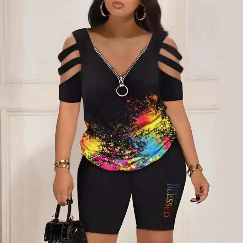 Весенне-летний комплект из двух предметов с короткими рукавами и принтом для женщин