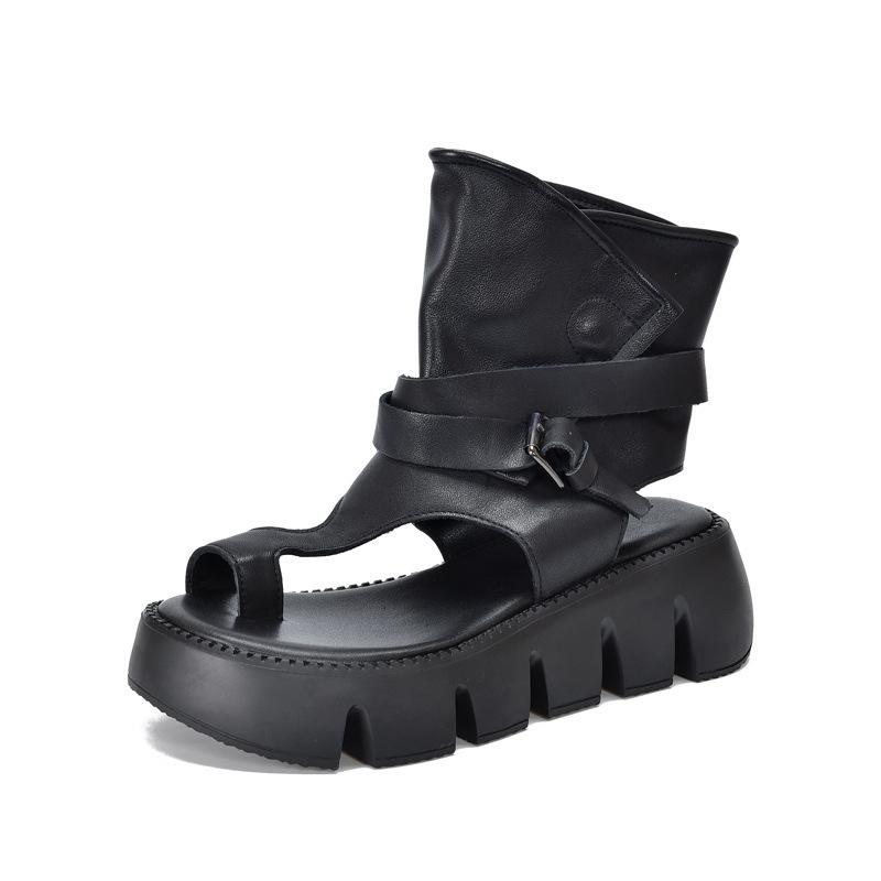 Johnature Peep Toed Thick Soled Women's Sandals Genuine Leather Belt Buckle Roman Platform Shoes