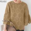 ZANZEA Женская повседневная блузка с круглым вырезом и рукавом 3/4, свободная кружевная блузка в стиле пэчворк