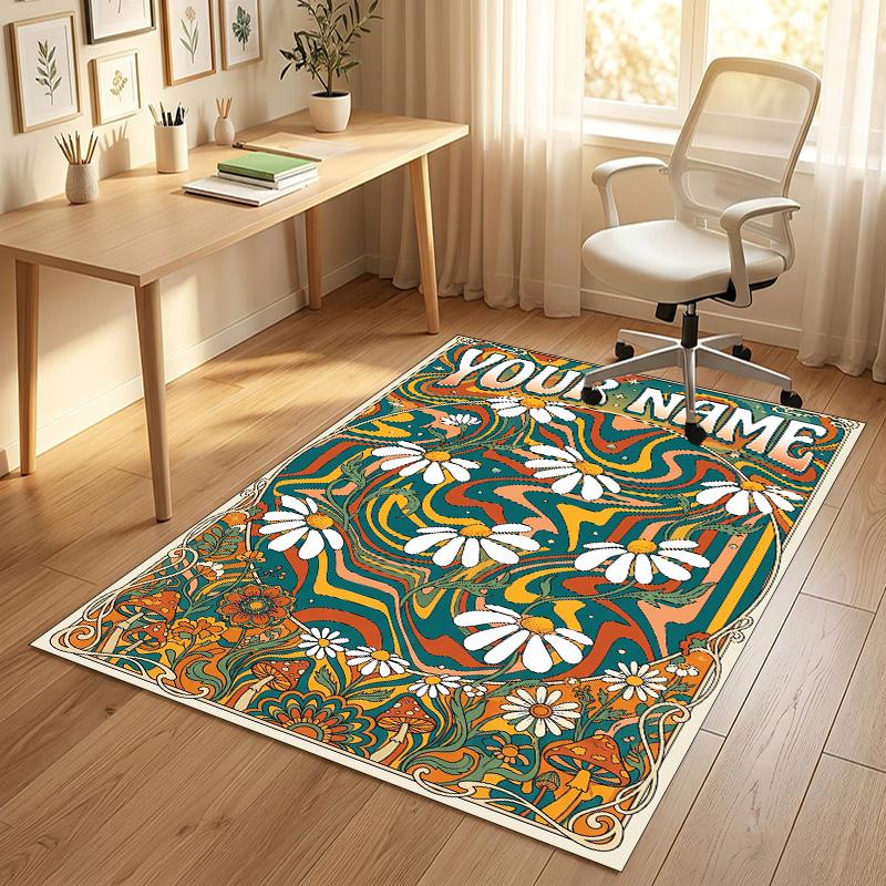 Floral Theme Soft Crystal Velvet Rug Custom Name & Text Print Non Slip Floor Rug for Bedroom Living Room
