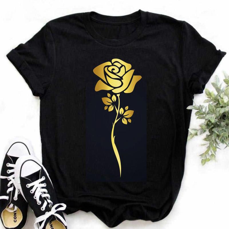 New Fashion Golden Rose Print Ladies T-shirt Harajuku Casual Round Neck Top
