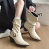 Cowhide Version Pointed Short Boots Slim Cowboy Boots Martin Boots Women's Western White Pile Thick Heel Short Tube Rice