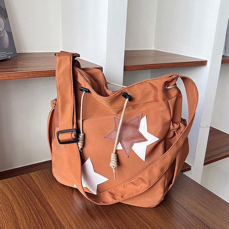 Women Star Nylon Shoulder Bag Drawstring Crossbody Bag Large Capacity Casual Satchel Student Travel Bag