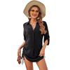 Women Beach Cover Up Lapel 45720 Sleeve Side Drawstring Pullover Tops
