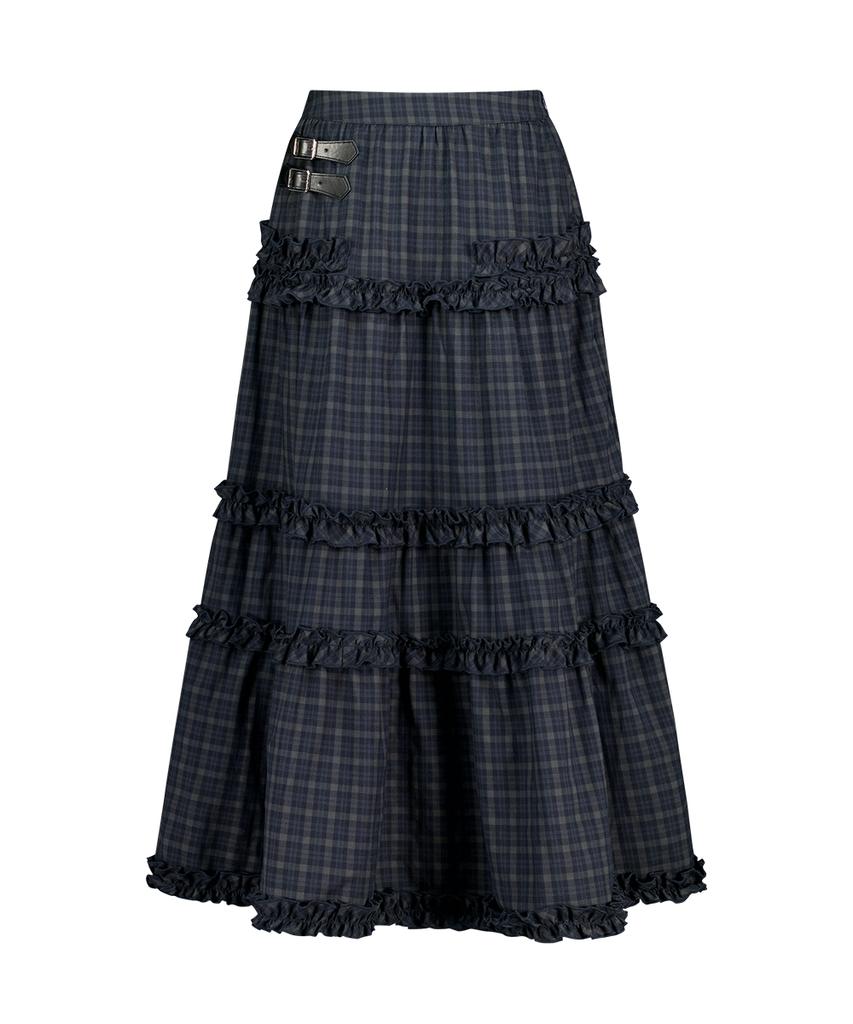Iligo Buckle Frill Long Skirt Check Navy